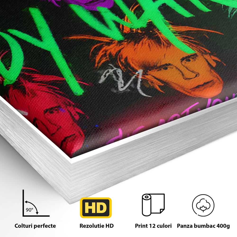 Detaliu al suprafetei: tablou canvas cu portrete pop art andy warhol, in rama de aluminiu argintiu